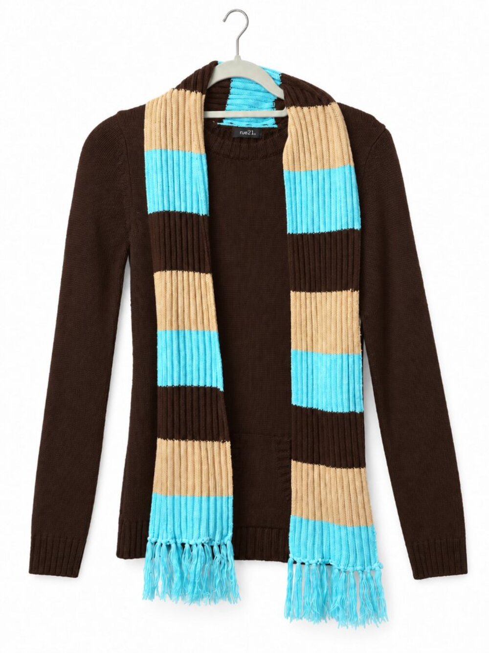 Rue21 Dark Brown Knit Sweater with Striped Fringe Scarf